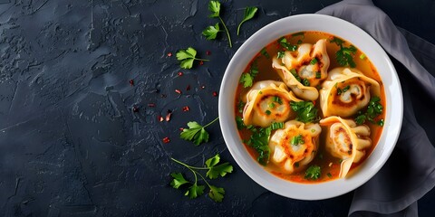 Poster - Spicy Nepalese Dumpling Soup with Fried Gyoza in Tomato-Seasoned Broth. Concept Nepalese cuisine, Soups, Gyoza, Dumplings, Tomato broth