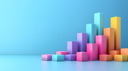 Wall Mural - Colorful 3D bar charts against a blue gradient background, representing business data and statistics in a modern design.