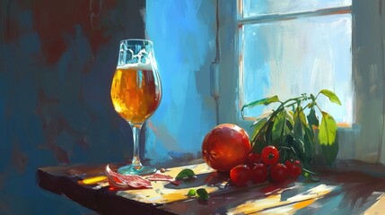 Wall Mural - A painting of a glass of beer and a bunch of tomatoes