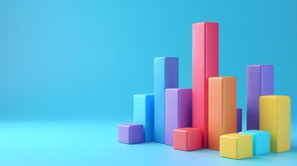 Wall Mural - Colorful 3D bar graph chart on a blue background, representing statistical data, analysis, and business growth.