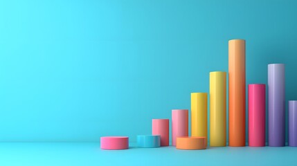 Colorful 3D bar graph chart on a blue background representing statistical data and business growth concept with cylindrical bars.