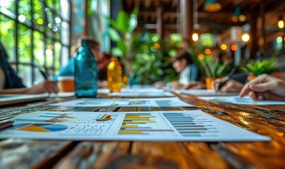 Wall Mural - Group of people at business presentation with paperwork and documents showing financial figures, graphs, and charts on boardroom table.