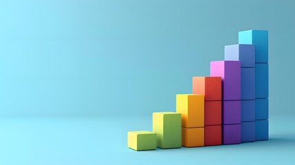 Wall Mural - Colorful 3D bar graph made of geometric blocks, showcasing business growth and progress in a clean, minimalist style against a blue background.