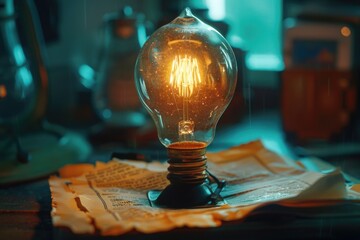 Wall Mural - A light bulb is lit up on top of a piece of paper