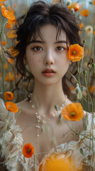 Wall Mural - girl with orange flower