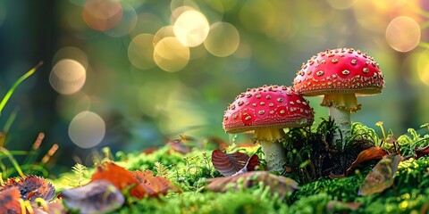 A closeup of Amanita muscaria or red mushrooms among nature or a blurry wild backdrop with a big space for text or background, Generative AI.