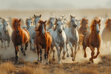 Energetic horses running in a group.