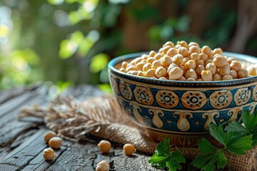 A close shot of a bowl of chickpeas on a wooden surface with a blurry nature backdrop and a big space for text or product advertisement purpose, Generative AI.