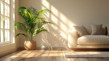 Wall Mural - A modern minimalist living room with a small potted houseplant display.