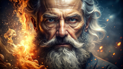 A prophet of God with white beard in a fire and flames effects background illustration