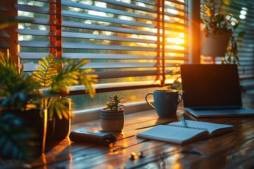 Sticker - Morning Work Space with Sun Shining Through Blinds