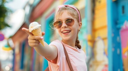 Wall Mural - A young girl is holding an ice cream cone and pointing at it