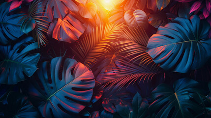 Tropical Palm trees. Summer exotic jungle abstract background with sun light