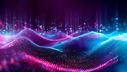 Wall Mural - Abstract blue and pink neon light wave pattern in dark space with floating particles. 3D rendering for science, technology, data, communication, futuristic concept.