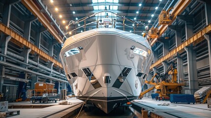 Wall Mural - A luxury yacht being assembled, showcasing elegant design and craftsmanship in a sleek shipyard, emphasizing luxury and sophistication. 