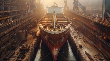 Wall Mural - A massive bulk carrier under construction, showcasing robust design and heavy machinery in a shipyard, emphasizing the ship's capacity and durability.