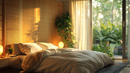 Wall Mural - A stylish bedroom with a delicate fabric folding screen backdrop.