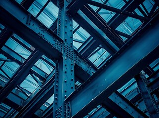 The steel structure metal frame pattern on the architecture detail background is reminiscent of steel construction