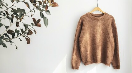 Wall Mural - Hanging stylish brown sweater on white wall with text space
