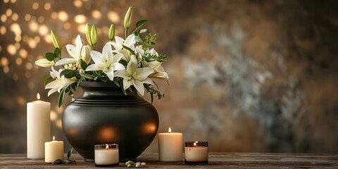 A portrait of a black cremation urn with white flower and burning candle in blurry backdrop with space in front of it for text or background, Generative AI.
