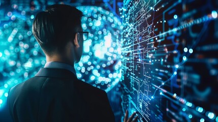 Canvas Print - A businessman visualizes complex data on a virtual screen using stock (AI). Big data science and analytics. Data flow. Digital neural networks. Stock market trading.