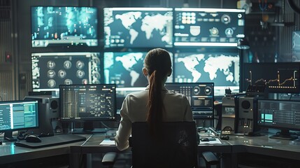 Wall Mural - A female system engineer controls operations while working monitors show various data in the background.