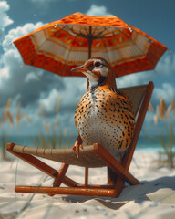 A beautiful bird on a deck chair under a parasol at the beach