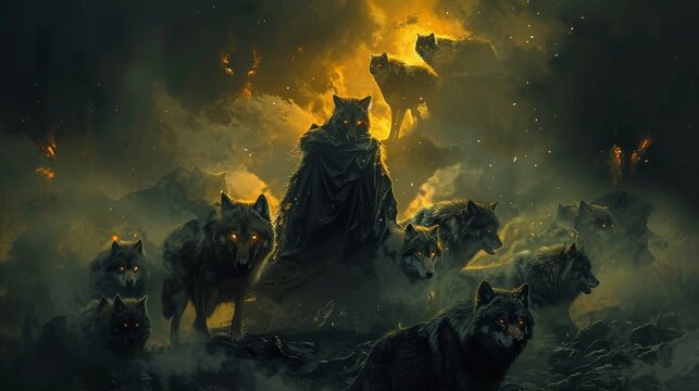 Digital art style illustration painting of a wizard standing among his demonic wolves