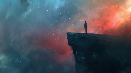 Wall Mural - Digital art style illustration painting of a man standing on a cliff looking at the view of mountains with stars in the sky, digital art style