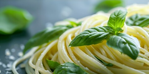 Wall Mural - Spaghetti Aglio Olio Spinach Close-Up with Fresh Green Leaves. Concept Food Photography, Pasta Dish, Italian Cuisine, Vegetarian Recipe, Green Spinach