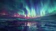 © chanidapa - Aurora borealis phenomenon over a tranquil frozen sea shore, with colorful lights shimmering in the Arctic night