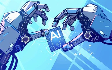 Poster - Industrial robotic arms create artificial intelligence chips on a dark blue background. Robot and AI chip. Abstract technology background. High poly digital modern illustration.