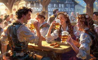 Beer-clinking couple in Bavarian pub with a lot of beer