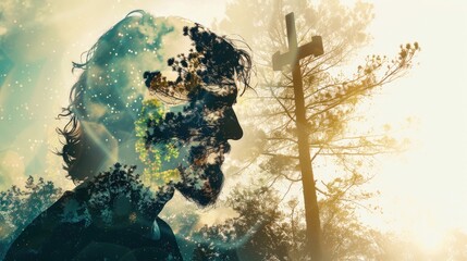 A double exposure image of Jesus Christ and a cross, with tree silhouettes in the background, representing spiritual growth and faith