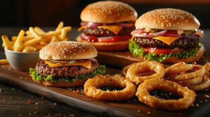 Wall Mural - Fast food assortment featuring hamburgers, fries, and onion rings, ideal for a satisfying dining experience