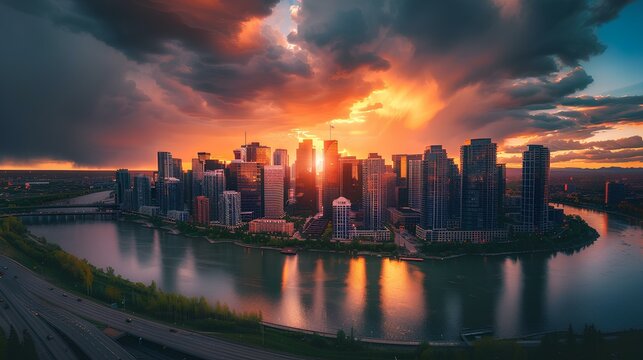 Sunset reflecting on the river and city skyline, capturing the urban landscape with tall buildings and clouds in the evening light