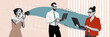 © deagreez - Composite panoramic collage of business partners type macbook device freelance girl hold bullhorn promote isolated on painted background