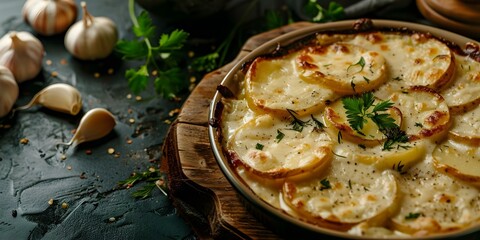 Canvas Print - French Dish Gratin Dauphinois - A Delicious Combination of Sliced Potatoes, Cream, and Garlic. Concept French Cuisine, Gratin Dauphinois Recipe, Creamy Potato Dish, Garlic Infused Recipes