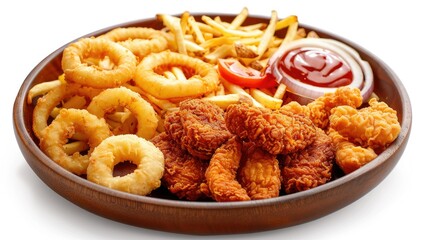 Wall Mural - Plate filled with crispy onion rings, golden fries, chicken nuggets, and fried chicken, isolated for a tasty visual display