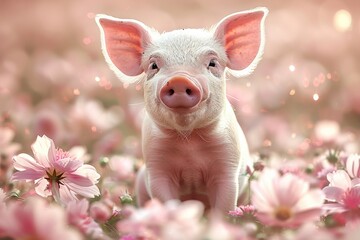 Wall Mural - Closeup of pink baby piglets with white hair in isolated  blurred pink flower background, cute pink baby pig with clean body in blur background