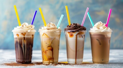 Selection of tempting iced coffee treats in transparent cups with colorful straws, perfect for summer refreshments