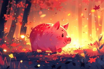 Wall Mural - A pink pig walking in the orange autumn grass in the forest with sunlight illustration, Closeup of pink baby piglets with white and clean body in blur background