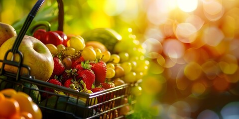 Wall Mural - Fresh Food in a Shopping Basket with Blurry Background Ideal for Ads. Concept Food Marketing, Shopping Essentials, Fresh Produce, Blurry Background, Ad Photography