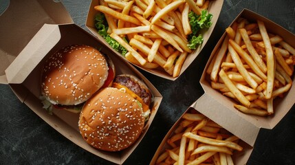 Wall Mural - Top view of a tasty hamburger and crispy potato fries in takeaway boxes, ready to be enjoyed