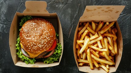 Wall Mural - Top view of a tasty hamburger and crispy potato fries in takeaway boxes, ready to be enjoyed