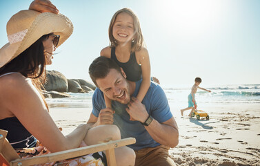 Poster - Parents, girl and piggy back at beach, vacation and portrait in summer, excited and happy for bonding. Father, mother and children with family, holiday and care with love in sunshine by sea in Miami