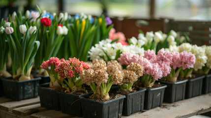 Wall Mural - Colorful spring flowers for sale at a local garden center or market. Beautiful blooming plants in pots. Concept of gardening, springtime, nature, and floristry