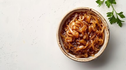 A top view and a close shot of a ceramic bowl of caramelized onions with a big space over clean white backdrop for text or product backdrop, Generative AI.
