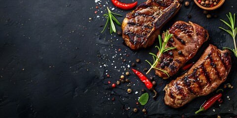 Wall Mural - Savory Grilled Steak with Herbs and Spices Against a Dark Background. Concept Steak Cooking, Culinary Art, Food Photography, Dark Food Backgrounds, Herbs and Spices