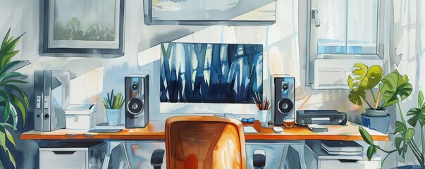 Wall Mural - Professional workspace with dual monitors, ergonomic chair, and tidy desk, painted in watercolor